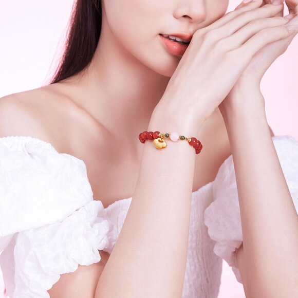 Sterling Silver Red Agate Beaded Ruyi Stretch Bracelets for Women - Handmade Nat - Picture 4 of 7